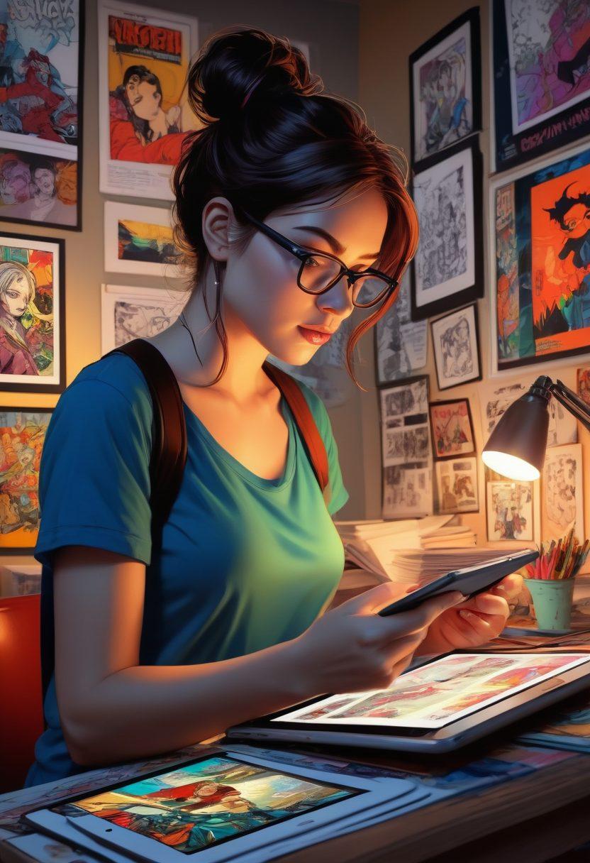 A dynamic scene depicting a fusion of traditional comic art and modern digital illustrations, showcasing diverse indie artists at work on their tablets in a vibrant studio filled with sketches, books, and digital screens. Incorporate elements of adult themes subtly woven into the artwork, emphasizing creativity and self-expression. The backdrop features colorful posters of indie comics, with lighting that reflects an inspiring and innovative atmosphere. comic book style, vibrant colors, modern art.